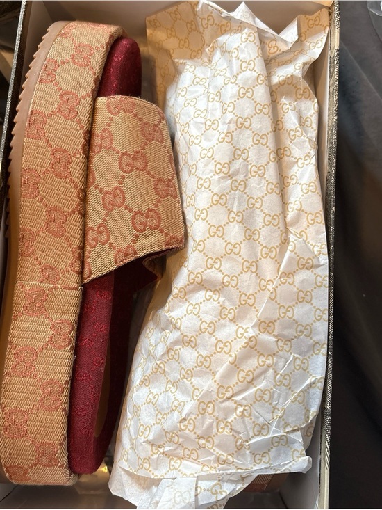 Gucci Shoes - Gucci Beige & Red GG Canvas Platform Slides